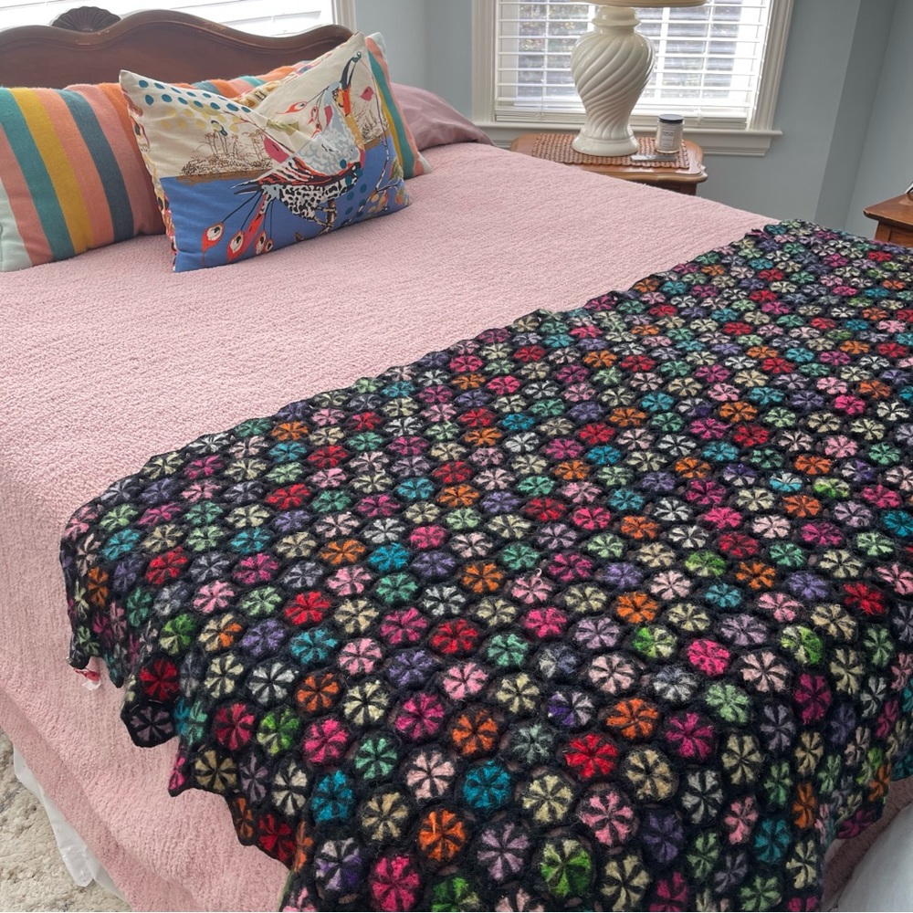 Vtg. Handmade Wool Floral Patchwork Afghan